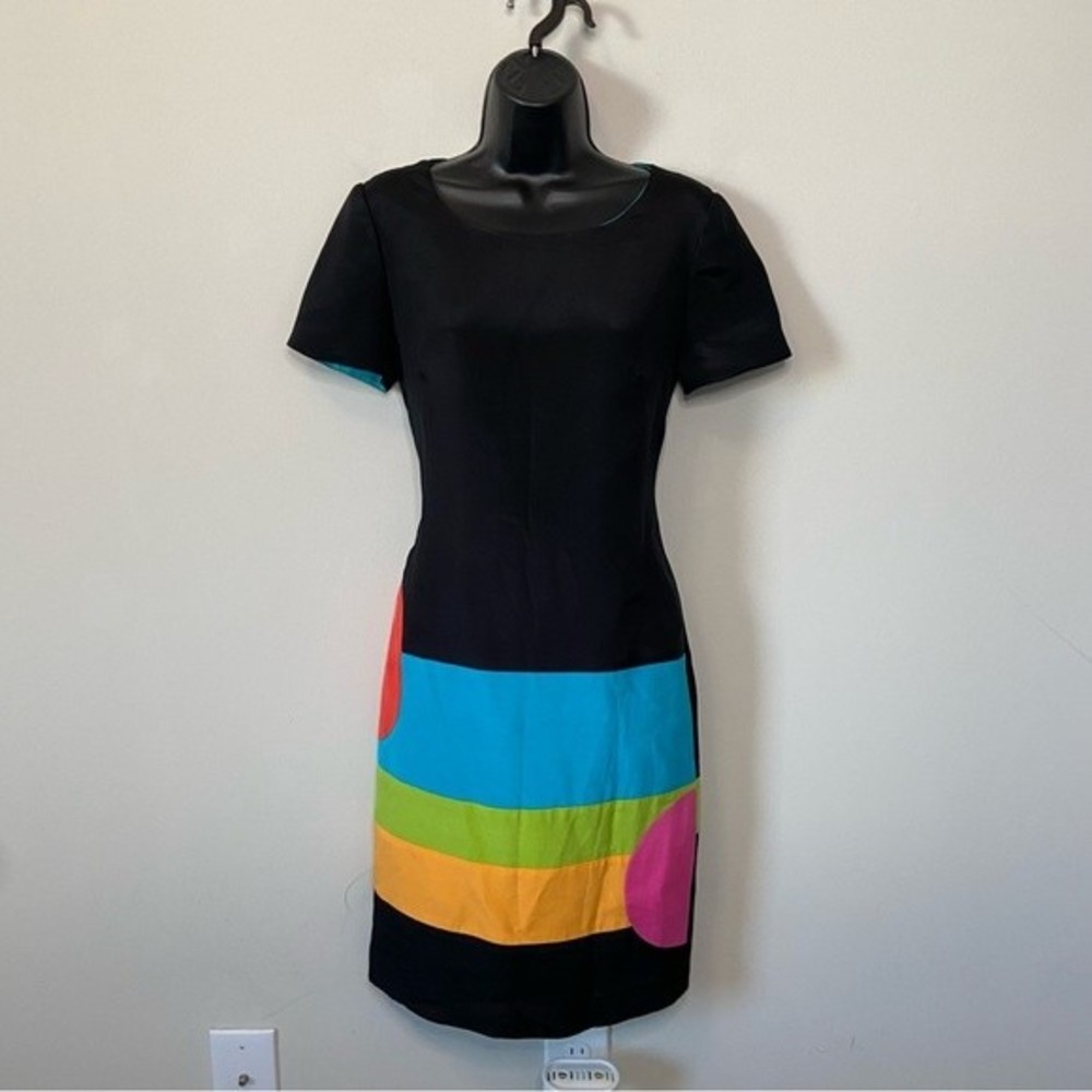Shomi 100% Silk 80s Art Color Block Black Dress Size 4 Petite